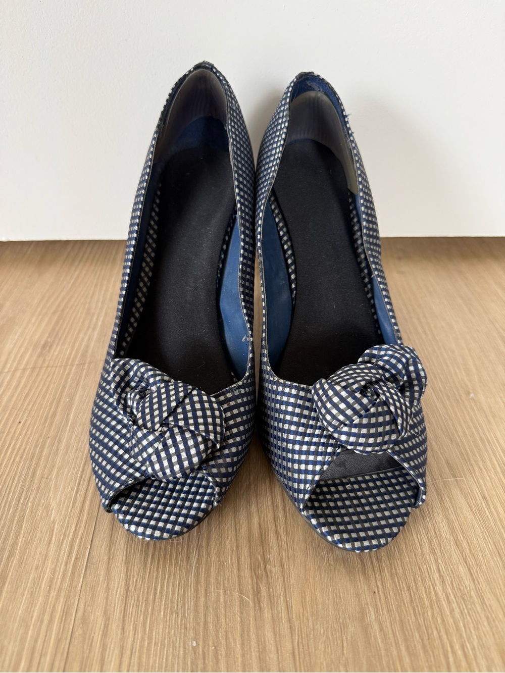 Ann Marino Navy and White Check Peep-Toe Knot Heels